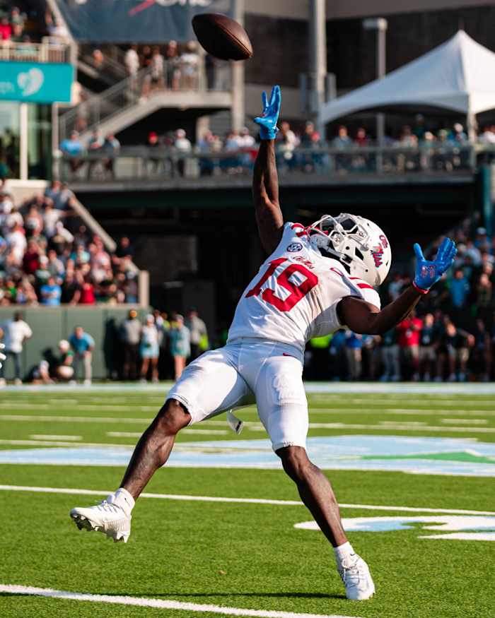 Ole Miss wide receiver Dayton Wade hauled in seven passes for 106 yards on Saturday against Tulane, including this catch that went for 43 yards.